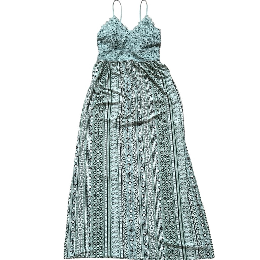 No Boundaries Green White Patterned Lace Bodice Maxi Dress Size M (7-9)